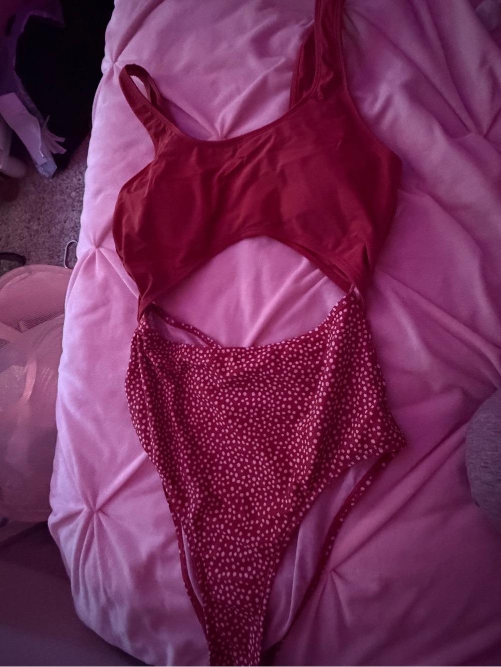 Red Two-Piece Swimsuit Set with Polka Dot Bottom